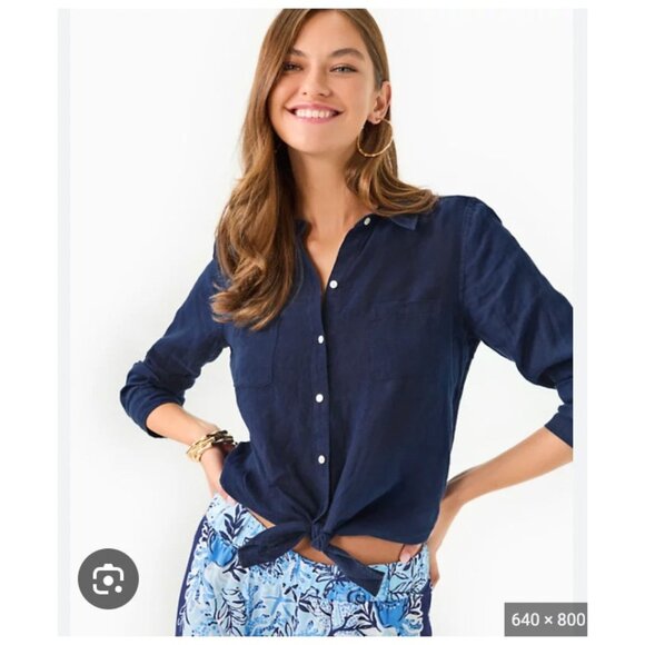 Lilly Pulitzer Shirt Womens Large Navy Blue Button Up Long Sleeve Pockets Casual - Picture 1 of 4